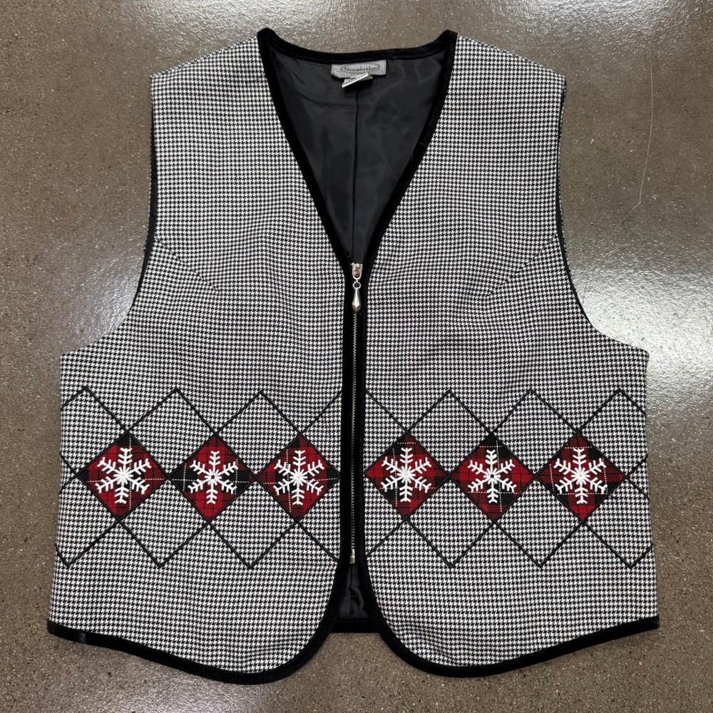 Stonebridge Vintage Houndstooth Snowflake Zip Front Holiday Vest Black White PM